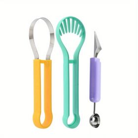 3pcs Set Kitchen Fruit Carving Knife Three-piece Set Of Stainless Steel Watermelon Digging Spoon Fruit Platter Tool Digging Ball Set - Green 3pcs Set